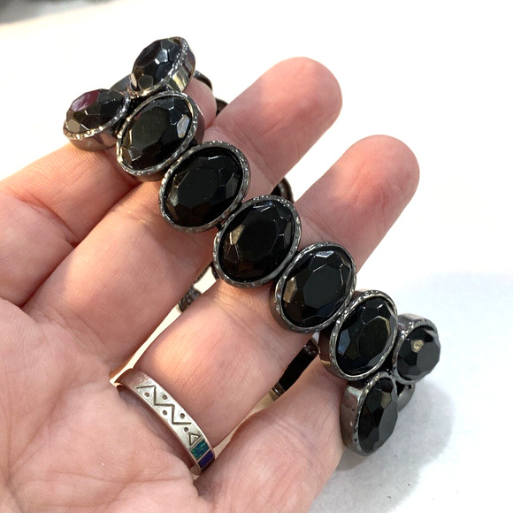 Black Beaded Stretch Bracelet Silvertone Metal Elegant Chic Cuff Fashion Jewelry - Picture 3 of 5